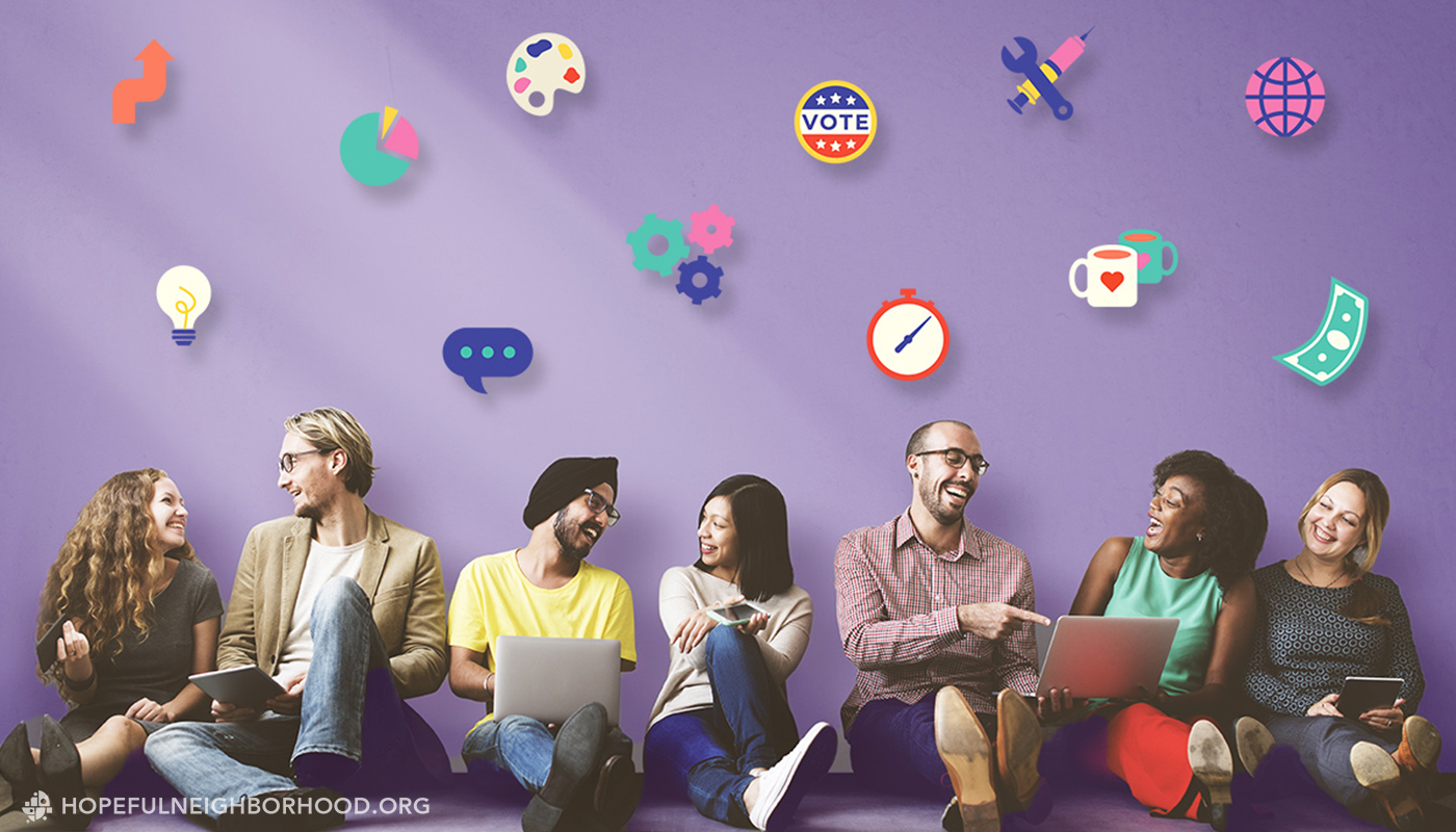 2026-blog_hnp-naminggifts A group of young people sitting on the floor against a purple wall with icons of "gifts" (skills) floating above their heads indicating we need to name our gifts.