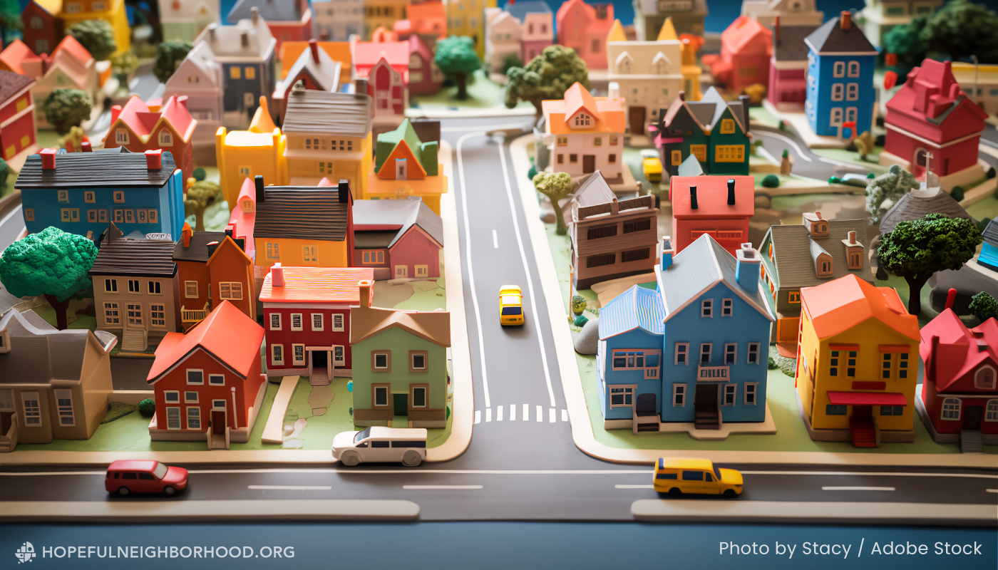 An aerial view of a pretend neighborhood with colorful houses and vehicles.