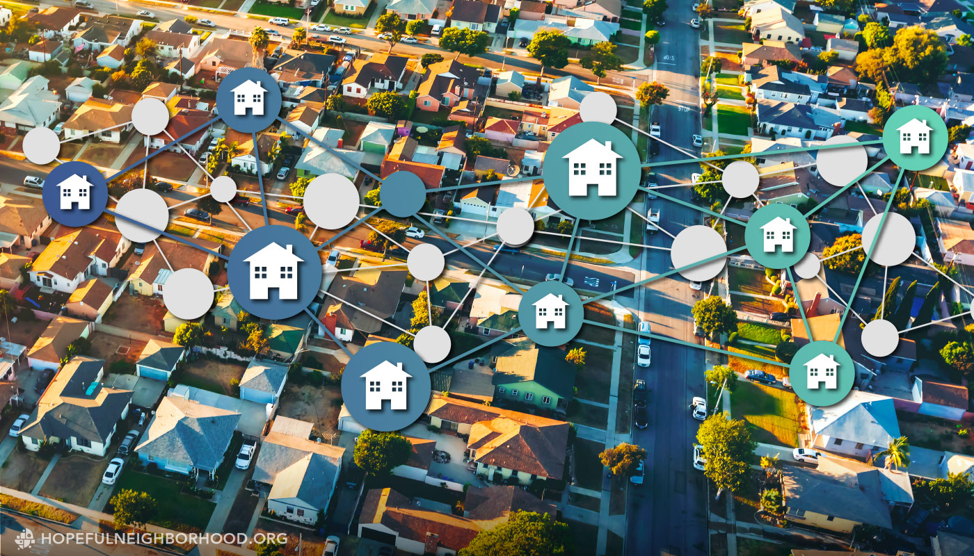 2022-05-blog_hnp_directory Overhead view of a neighborhood with icons and a web of lines showing various homes.