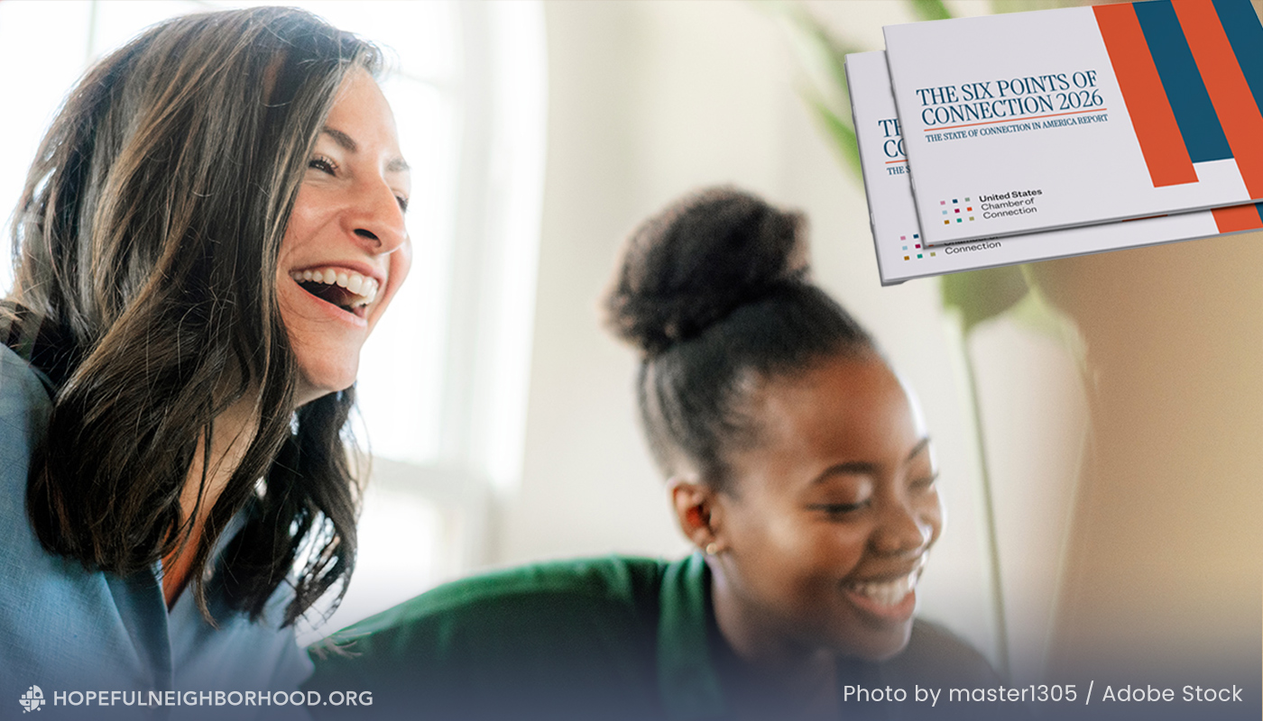 2026-blog_hnp-measuring1-report Photo of two women laughing and having a good time with the cover of the Six Points of Connection 2026 Report in the corner
